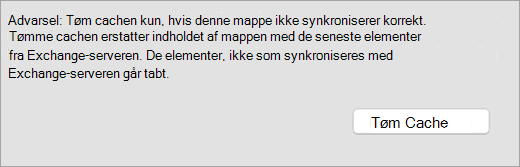 Viser knappen Tøm cache samt advarsel på fanen Generelt