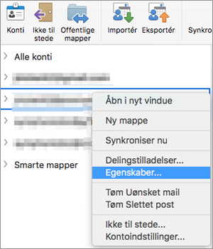Viser genvejsmenuen for en Exchange-mappe med Egenskaber valgt