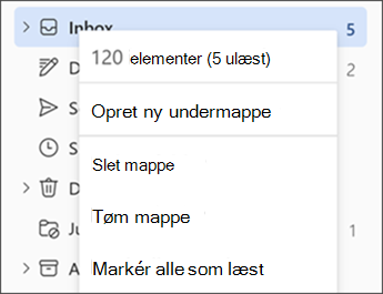 Skærmbillede, der viser menuen, når du højreklikker på en mappe