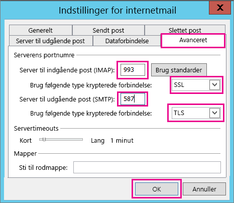 Angiv de avancerede mailindstillinger.