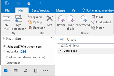Et billede af, hvordan det ser ud, når du har en Outlook.com-konto i Outlook 2016.