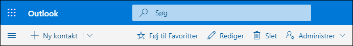 Et skærmbillede viser de tilgængelige indstillinger på kommandolinjen for Personer, herunder Ny kontakt, Rediger, Slet, Føj til favoritter og Administrer.