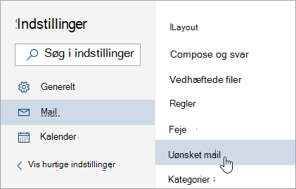Et skærmbillede af menuen Indstillinger med uønsket mail, der er markeret