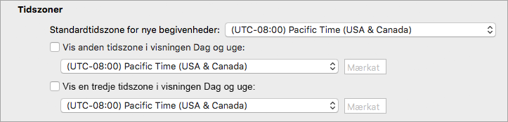 Viser anden og tredje tidszone i indstillinger for Calendar