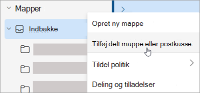 Skærmbillede, der viser valg til Tilføj delt mappe eller postkasse