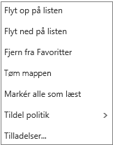 Kontekst- eller genvejsmenu, der vises, når du højreklikker på indbakken