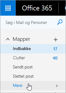 Et skærmbillede af markøren placeret over knappen Mere i navigationsruden i Outlook på internettet.