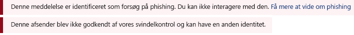 Et skærmbillede af den røde sikkerhedslinje i en Outlook-meddelelse.