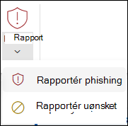 Skærmbillede af knappen Rapportér med Rapportér phishing markeret på det klassiske bånd i Outlook på internettet.