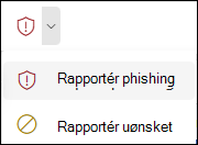 Skærmbillede af knappen Rapportér med Rapportér phishing markeret på det forenklede bånd i Outlook på internettet.