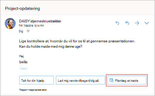 Et skærmbillede af det foreslåede svar til brug ved planlægning af et møde