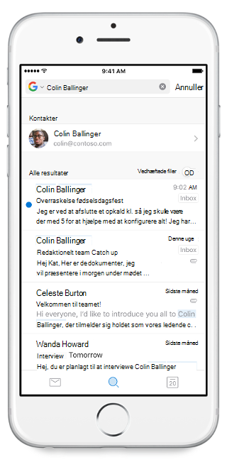 Viser en mobilskærm med søgelinjen øverst og et navn indtastet i den. Søgeresultaterne er under søgelinjen.