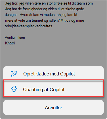 Menuindstilling til Rådgivning fra Copilot i Outlook til mobil