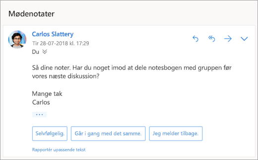Et skærmbillede med foreslåede svar
