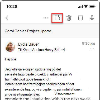 Copilot-ikon for opsummering til at opsummere en mailtråd i iOS og Android.