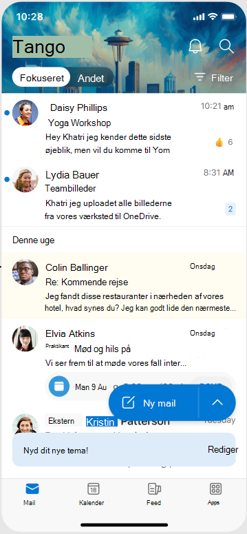 Et skærmbillede, der viser, hvordan et tema ser ud, når det anvendes på Outlook Mobile