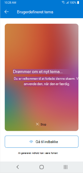 Et skærmbillede, der viser et tema ved hjælp af Copilot, der genererer på Outlook Mobile