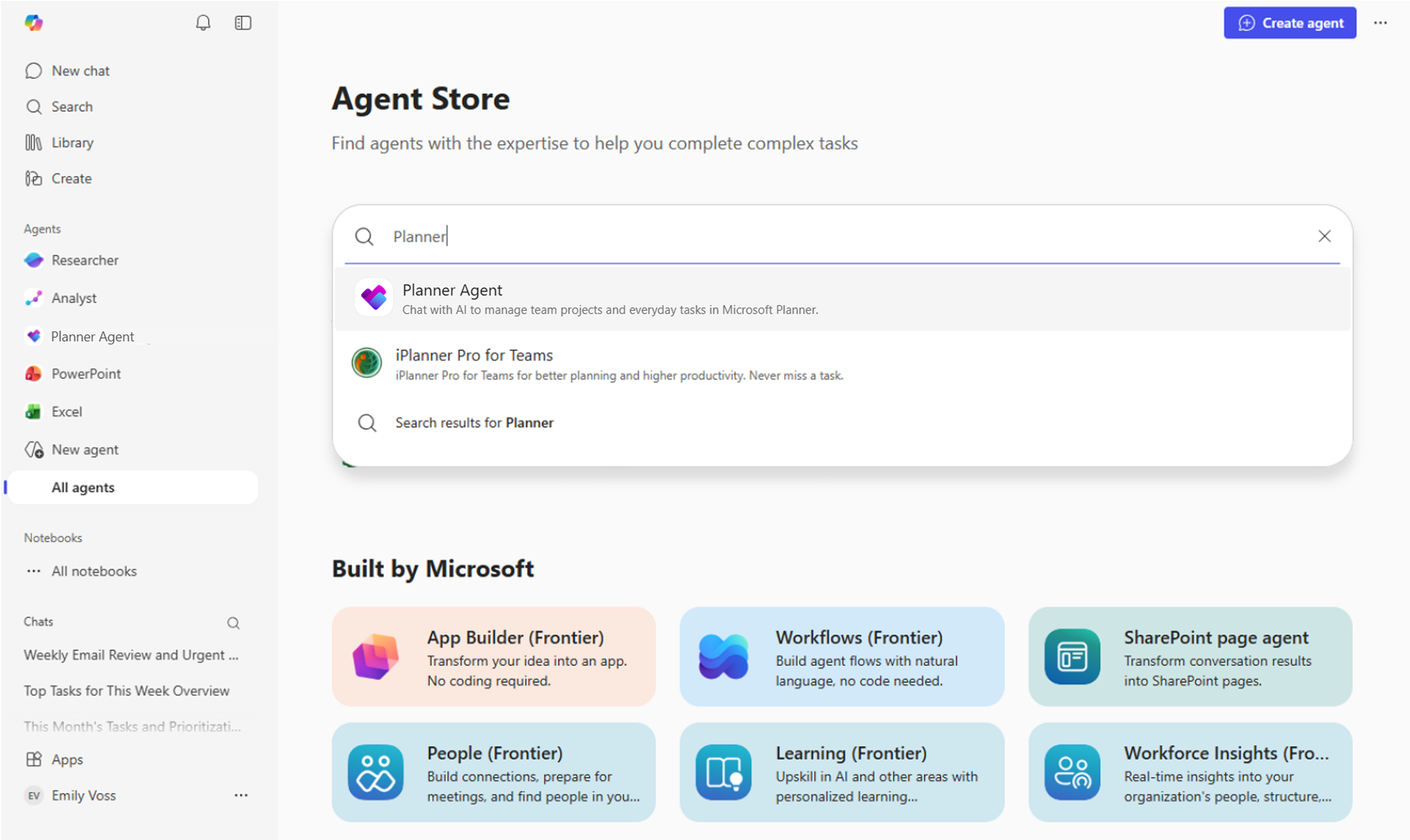 Skærmbillede, der viser knappen Tilføj for Planner-agent i Microsoft Copilot.
