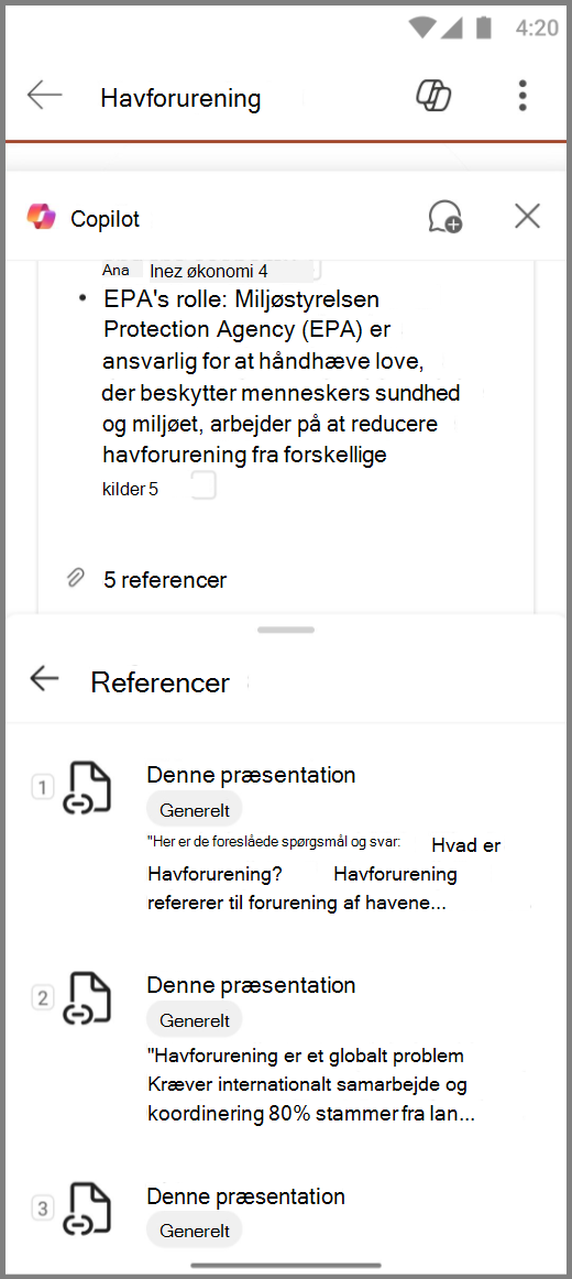 Skærmbillede af Copilot i PowerPoint på en Android-enhed med referencer til svaret Opsummer dette dæk