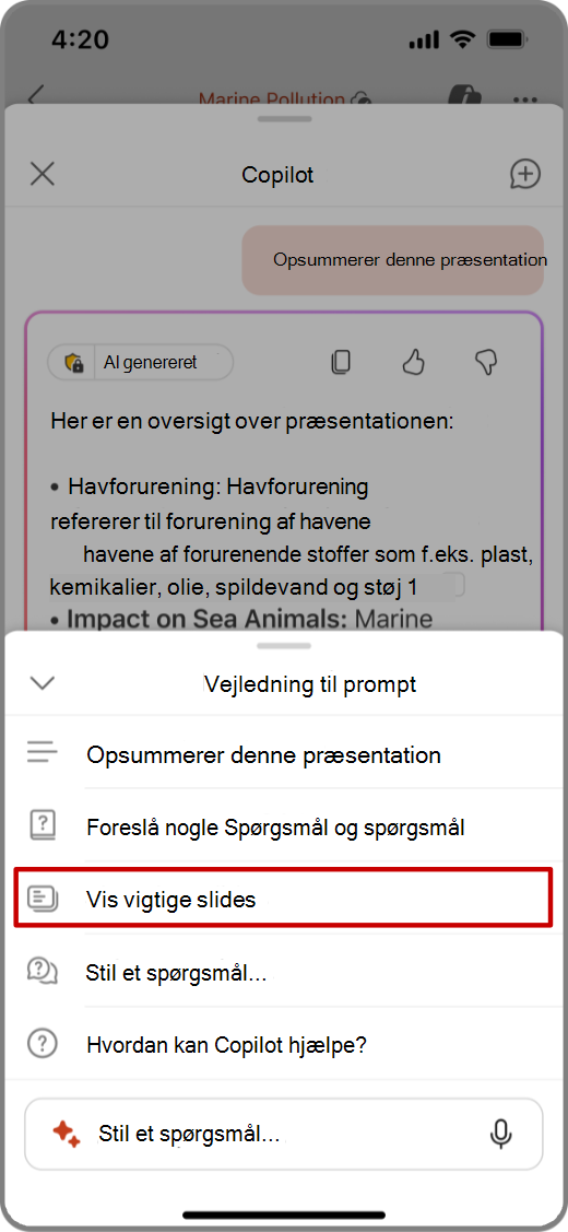 Skærmbillede af Copilot i PowerPoint på en iOS-enhed med prompten Vis vigtige slides