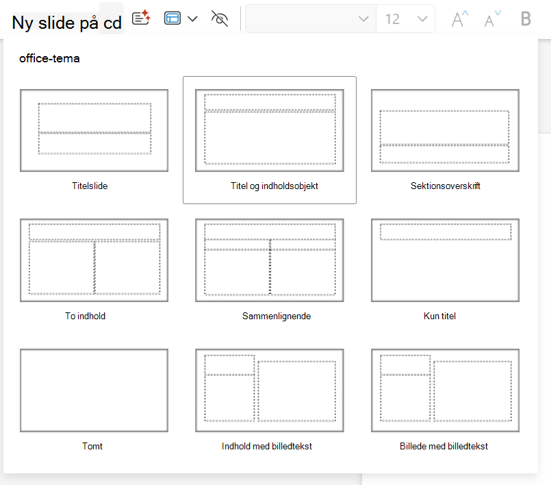 Rullemenuen Ny slide på fanen Hjem i PowerPoint på internettet