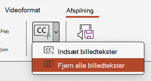 Skærmbillede, der viser Fjern alle billedtekster til en video i PowerPoint.
