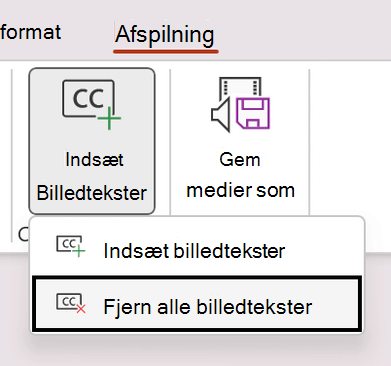 Skærmbillede, der viser Fjern alle billedtekster til en video i PowerPoint.