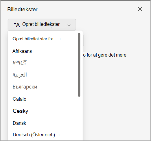 Skærmbillede, der viser rullemenuen Generer billedtekster i ruden Undertekster.
