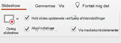 Fanen slideshow på båndet, hvor Hold slides opdateret er markeret.