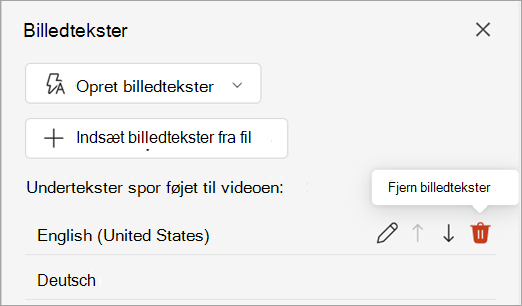 Skærmbillede, der viser knappen Fjern billedtekster for et spor med billedtekster i ruden Undertekster.