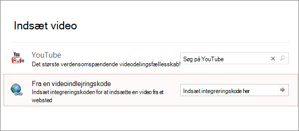 Viser indstillingen Integrer video i PowerPoint