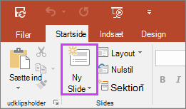 Viser knappen Ny slide på fanen Hjem på båndet i PowerPoint