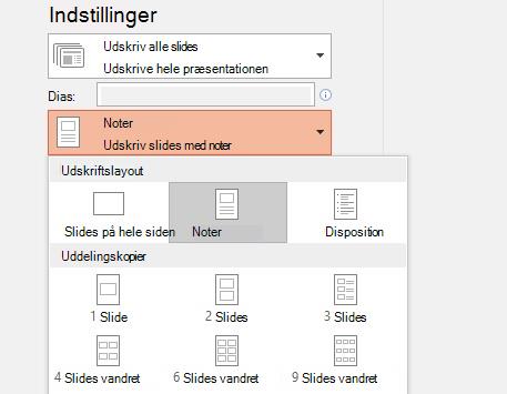 Skærmbillede af indstillingen Udskriv noter