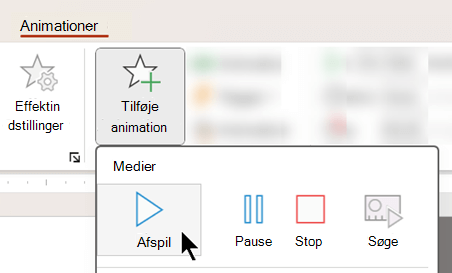 Skærmbillede, der viser, at du kan starte afspilning af lyd efter en forsinkelse ved hjælp af animationsindstillinger.