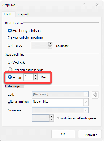 Du kan angive antallet af slides, som lydklippet skal afspilles på.