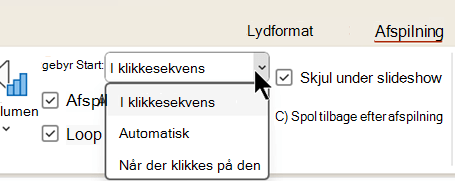 Skærmbillede, der viser afspilningsfanen for lydfiler, som har tre indstillinger for, hvornår du skal begynde at afspille lyden.
