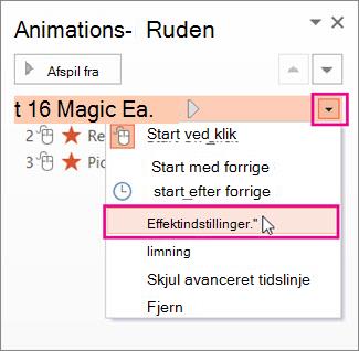 Skærmbillede, der viser effektindstillingerne