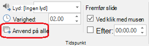 Kommandoen Anvend på alle under fanen Overgange i PowerPoint