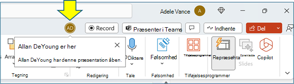 Skærmbillede, der viser skærmbilledet Samarbejde i PowerPoint med ikonet person