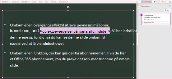 Skærmbillede med tekstforankret kommentar på slide