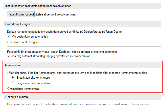 Skærmbillede, der viser indstillinger for moderne kommentarer