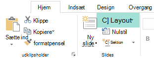 Knappen Layout under fanen Hjem i PowerPoint har alle de tilgængelige slidelayout.