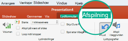 Når et lydklip er markeret på en slide, vises fanen Afspil i værktøjslinjen på båndet, hvor du kan angive indstillinger for afspilning.