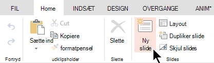 Knappen Ny slide på fanen Hjem eller båndet