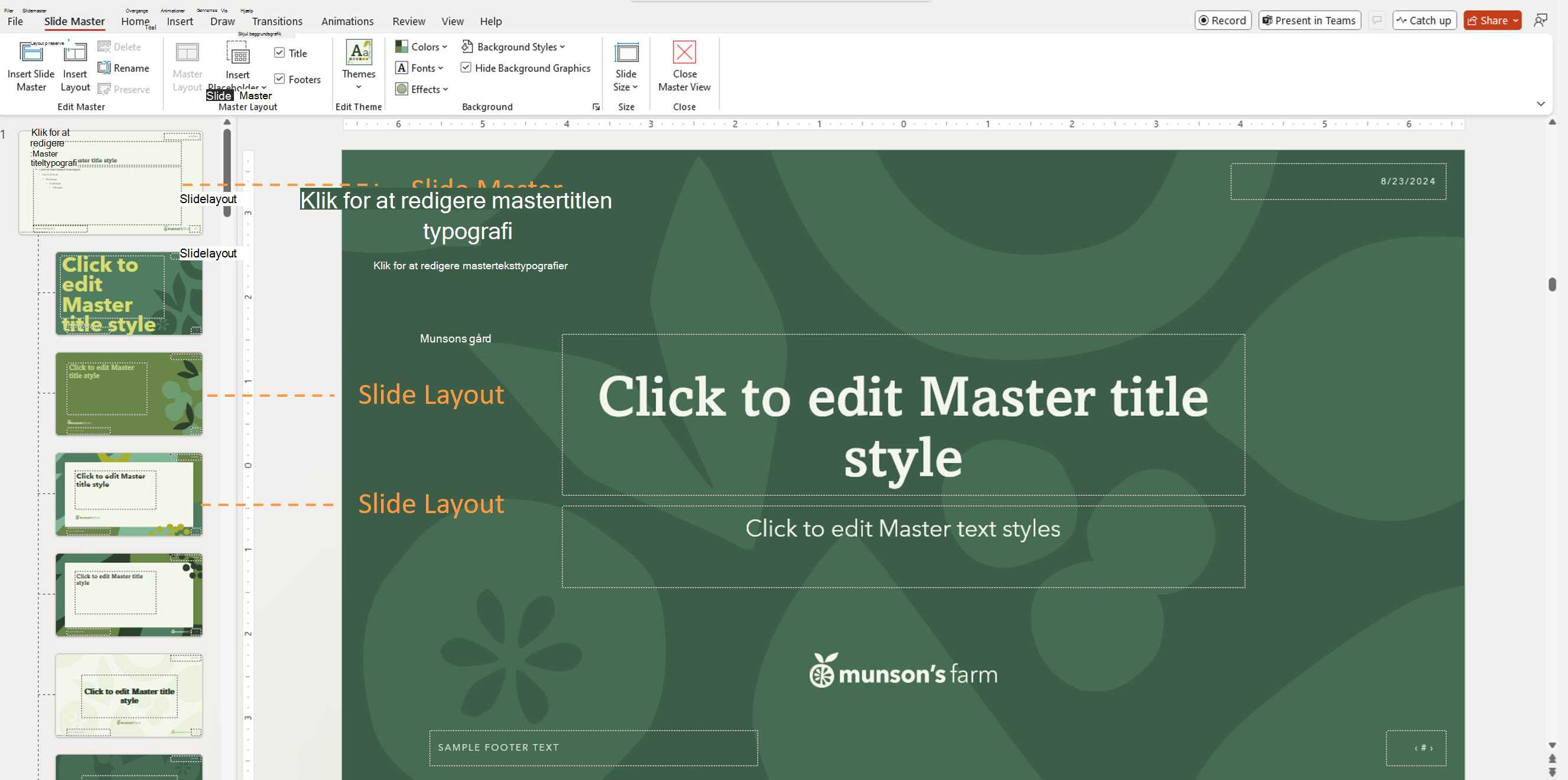 Et skærmbillede, der viser slidemasteren og slidelayoutet i visningen slidemaster i PowerPoint.