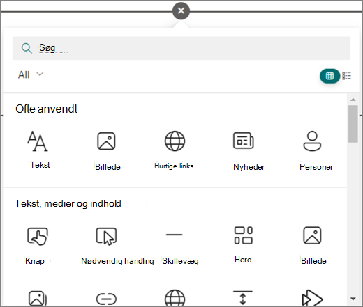 Markér cirklen på en SharePoint-side, du redigerer, for at se de tilgængelige webdele.