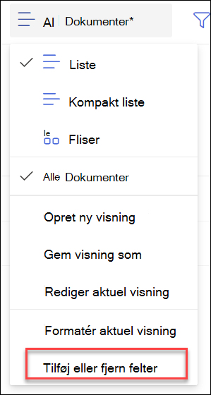 Skærmbillede af Tilføj og fjern felter