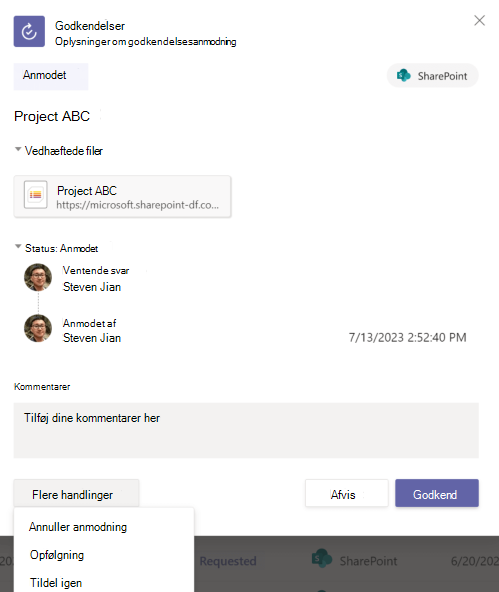Skærmbillede af oplysningerne om anmodningen om godkendelse i appen.