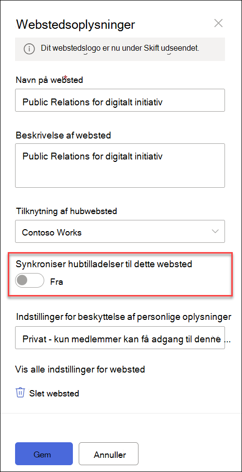 til/fra-knappen til synkronisering af tilknyttede websteder