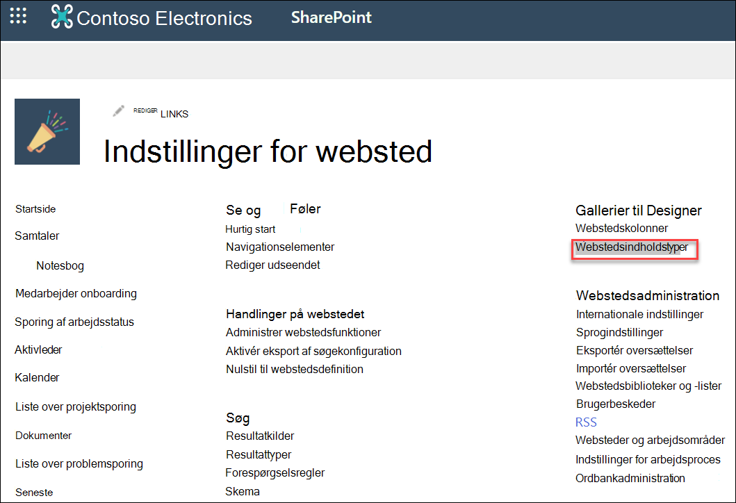 Indstillingen Webstedsindholdstyper i dialogboksen Indstillinger for websted.